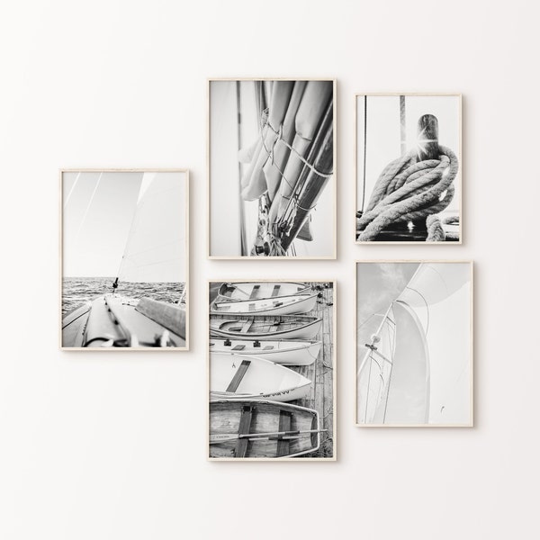 Ensemble de voile imprimable de 5 photographies, impression côtière de bateaux noir et blanc, grand art mural nautique, affiche de paysage marin, décor de chalet de plage
