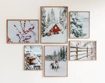 Winter Theme Printable Photography, Snowy Landscape Gallery Wall Set of 6 Prints, Nordic 6 Pieces Wall Art, Snowy Christmas Holidays Decor