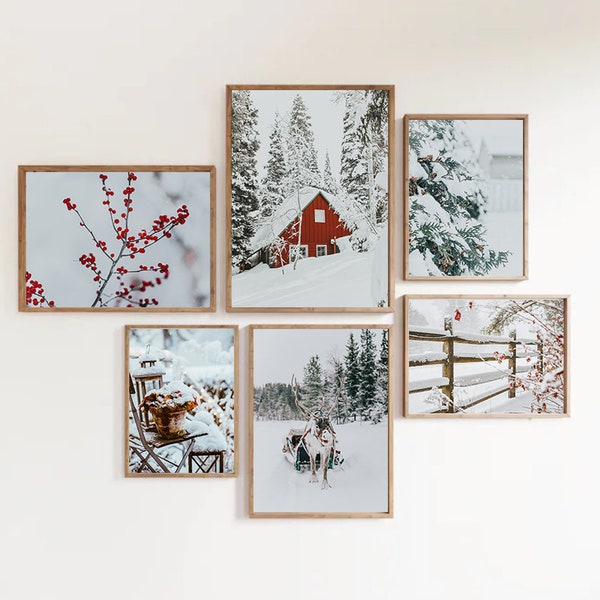Winter Theme Printable Photography, Snowy Landscape Gallery Wall Set of 6 Prints, Nordic 6 Pieces Wall Art, Snowy Christmas Holidays Decor