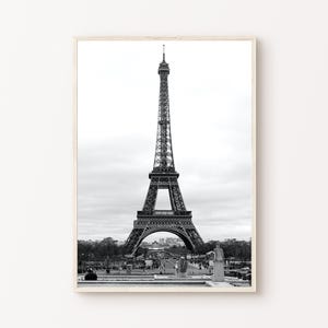 Torre Eiffel de París en blanco y negro, arte mural digital grande, impresión fotográfica imprimible de París, póster de Francia, póster de viaje a Europa, arte urbano