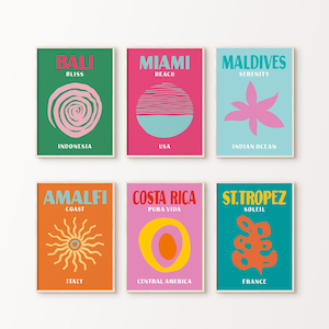 Set of 6 Printable Travel Famous Places Prints, Travel Poster Set, Preppy Room Decor, Trendy Dorm Room Prints, Bali Amalfi Miami Maldives