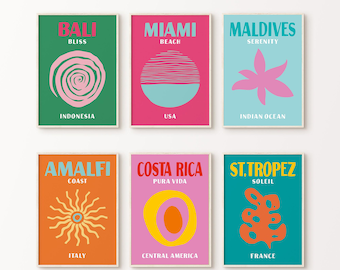 Set of 6 Printable Travel Famous Places Prints, Travel Poster Set, Preppy Room Decor, Trendy Dorm Room Prints, Bali Amalfi Miami Maldives