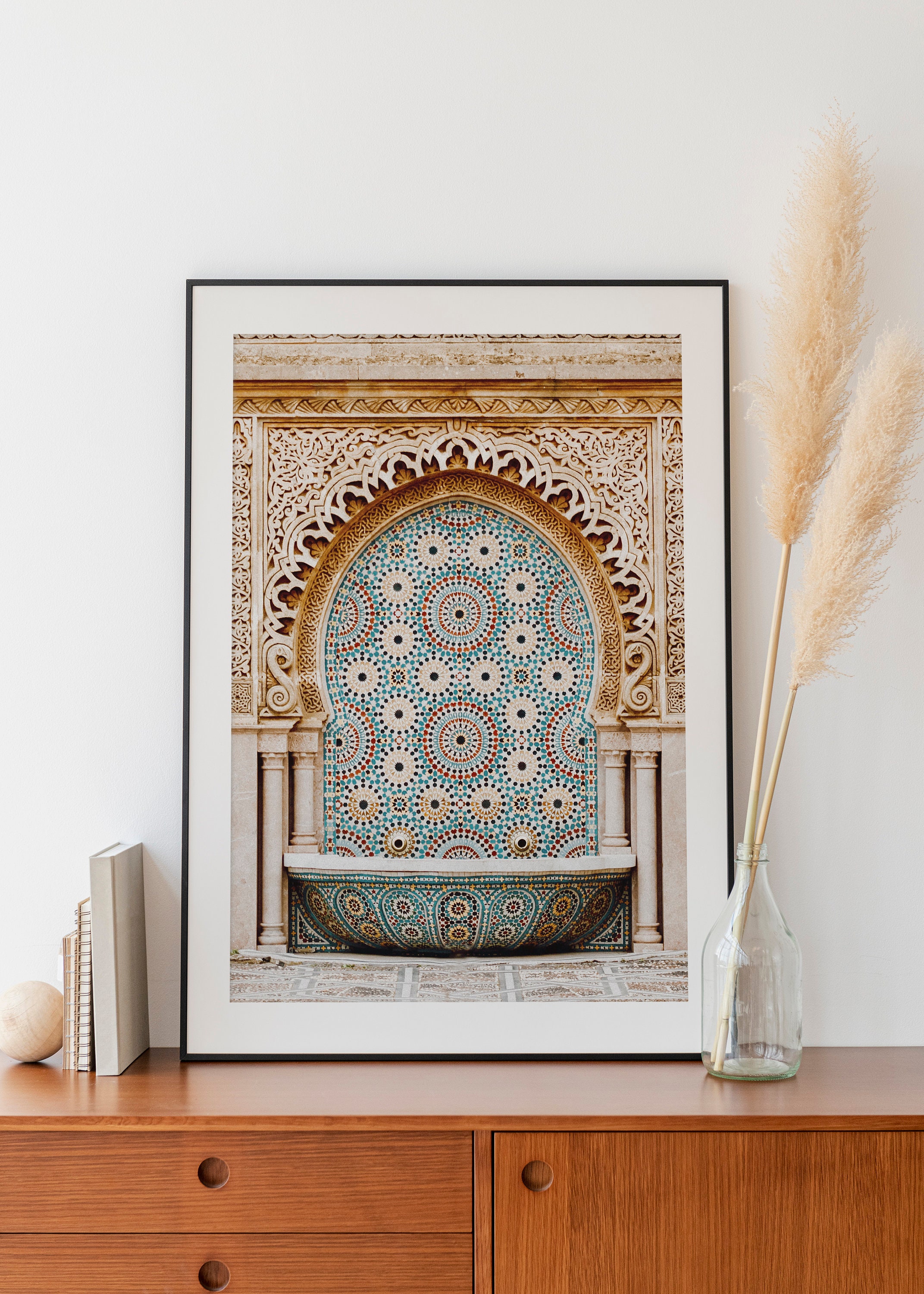 Visualize a stunning mosaic glass door in a moroccan themed background,  realistic, detailed illustration, vibrant on Craiyon