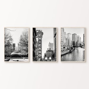 Printable Set of 3 Chicago Black & White Photography, Chicago Theater Print, Chicago Skyline 3 Pieces Large Wall Art, American City Poster