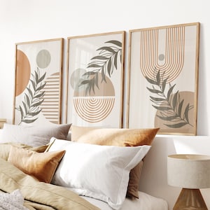 Arte de parede moderna de meados do século para impressão, 3 peças, conjunto de 3 impressões boho, impressões de parede bege neutras, decoração de parede boho abstrata, download digital
