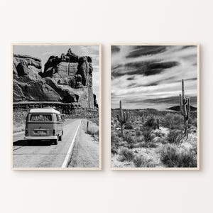 Black and White Desert Photography Prints, Arizona Desert Art Print, Retro Van 2 Piece Wall Art, Cactus Art, Printable Poster Large Wall Art
