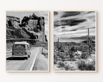 Impressions photo noir et blanc du désert, impression d'art du désert de l'Arizona, 2 pièces d'art mural van rétro, art de cactus, grande affiche d'art mural