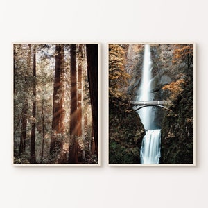 Multnomah Waterfalls Set of 2 DIGITAL Prints, Oregon Printable 2 Pieces Large Wall Art, Nature Poster, Sunny Forest Print, Trees Wall Art