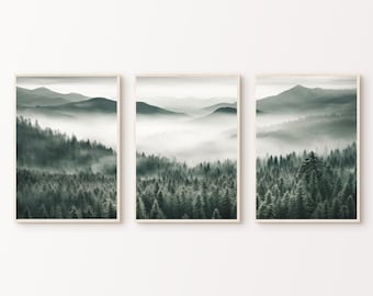 Mountain Forest Prints Set of 3, Printable Foggy Landscape Poster, Misty Forest 2 Pieces Wall Art, Nature Mountain Photography