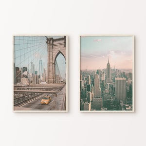 Conjunto de fotografía de la ciudad de Nueva York de 2 impresiones, Impresión digital de Nyc Brooklyn, Nyc Skyline 2 piezas imprimibles, Cartel taxy de Nueva York, Arte de pared grande