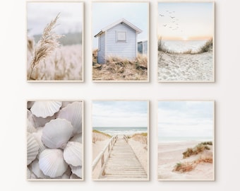 Boho Beach Gallery Wall Set, Printable Coastal 6 Pieces Wall Art, Ocean Landscape Photography, Pampass Grass Art, Beach Dunes Poster