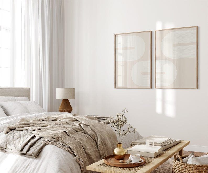 Set of 2 Neutral Boho Prints, Printable Mid-Century Modern 2 Pieces Wall Art, Beige Wall Prints, Abstract Boho Wall Decor, Digital Download image 4