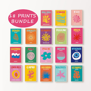 Printable Bundle Travel Famous Places Prints, Travel Poster Gallery Set of 18, Preppy Decor, Trendy Dorm Room Prints, Hawaii, Bondi, Ibiza
