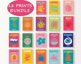 Afdrukbare bundel Reizen beroemde plaatsen prints, reisposter galerij set van 18, preppy decor, trendy slaapzaal prints, Hawaii, Bondi, Ibiza