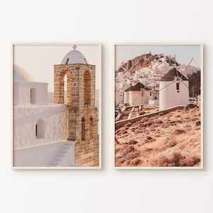Santorini Set of 2 Pieces Wall Art, Boho Greece Mill Wall Set, Mediterranean Wall Art, Neutral Greece Photography Print, Travel Poster Set