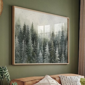 Pine Tree Winter Wandkunst, druckbare Aquarell Wald Malerei, Schneelandschaft Große Wandkunst, Weihnachtsdekor, Winter Bauernhaus Druck