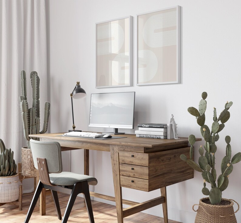 Set of 2 Neutral Boho Prints, Printable Mid-Century Modern 2 Pieces Wall Art, Beige Wall Prints, Abstract Boho Wall Decor, Digital Download image 5