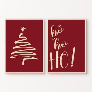 Juego de 2 láminas navideñas, arte mural de invierno imprimible de 2 piezas, póster de árbol de Navidad, juego de galería navideña, decoración navideña para el hogar en rojo festivo.
