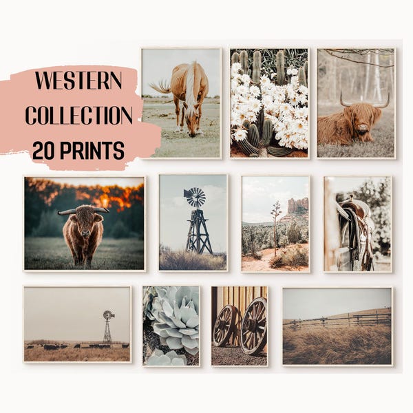 20 Prints, Western Bilder, Boho Bilder, Bauernhaus Fotografie, rustikale Western-Dekoration, Cowgirl-Wandkunst, Cowboy-Galerie