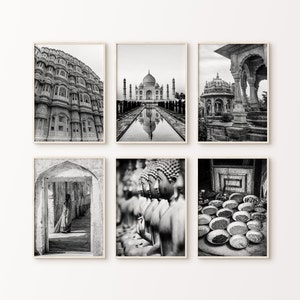 Printable India Black & White Gallery Wall Set, Taj Mahal Print, India Set of 6 Photography, India City 6 Pieces Large Wall Art