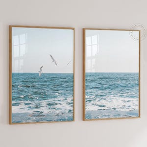 Juego de 2 impresiones costeras, arte mural grande de olas del océano, set de impresiones fotográficas costeras imprimibles, impresión de playa de gaviota, póster de paisaje marino