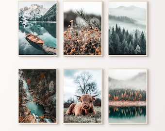 Printable Nature Wall Art, Set of 6 Mountain Landscape Photography, Forest Gallery Wall Set, Higland Cow Large Wall Art, Farmhouse Decor