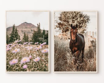 Conjunto de 2 fotografías del oeste, arte mural grande de estilo bohemio de granja. Impresiones digitales de naturaleza montañosa, impresión de flores silvestres imprimible, póster de caballos.