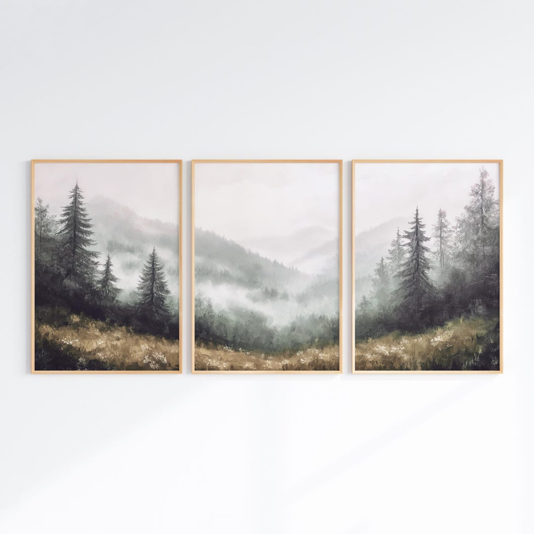 Fall Forest Set of 3 Prints, Printable Foggy Mountain Poster, Misty ...