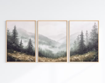 Fall Forest Set of 3 Prints, Printable Foggy Mountain Poster, Misty Forest 3 Pieces Wall Art, Nature Split Painting, Pine Trees Triptych