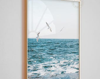 Coastal Prints, Ocean Waves Large Wall Art, PRINTABLE Coastal Photography, Seagull Wall Art, Beach Digital Download Print, Seascape Poster
