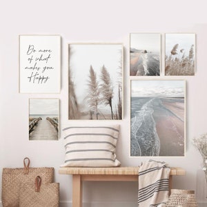 Boho Gallery Wall Set de 6 impresiones digitales, conjunto de impresión aérea de playa, impresión de fotografía de paisaje, arte imprimible de hierba pampass, arte de pared de playa