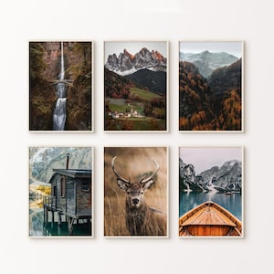Nature Gallery Wall Set of 6 DIGITAL Prints, Nordic Landscape Poster, Waterfall Forest Print, Mountain Lake Photography, Deer Large Wall Art