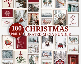 Christmas Bundle 100 Prints, Snowy Winter Landscape Wall Art, Santa Claus Printable Downloadable Art, Farmhouse Holiday Decor