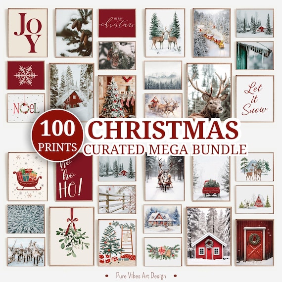 Christmas Bundle 100 Prints, Snowy Winter Landscape Wall Art, Santa Claus Printable Downloadable Art, Farmhouse Holiday Decor