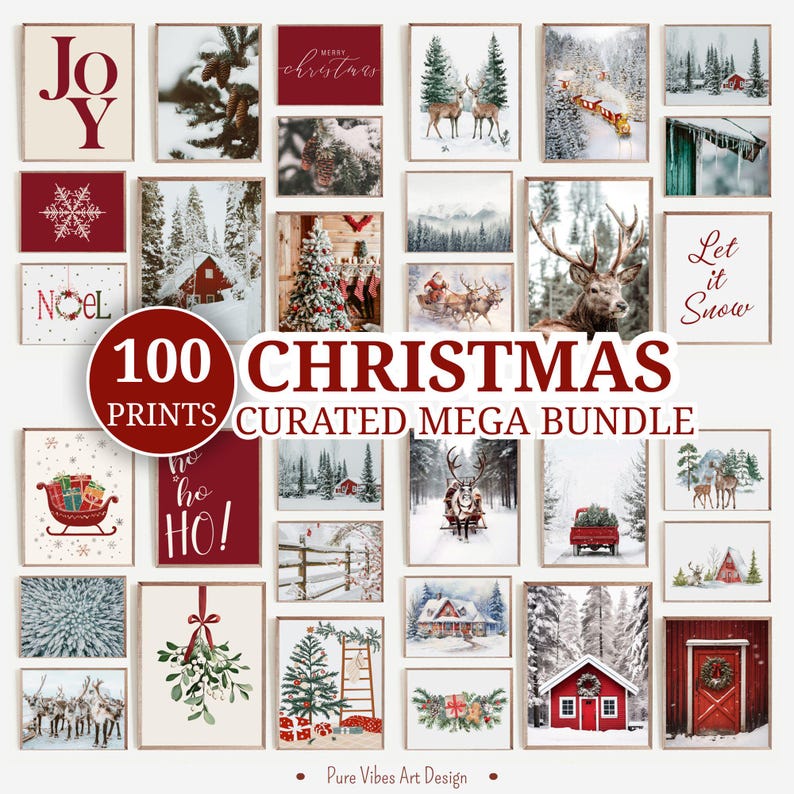 Christmas Bundle 100 Prints, Snowy Winter Landscape Wall Art, Santa Claus Printable Downloadable Art, Farmhouse Holiday Decor