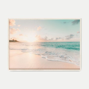 Fotografía de playa tropical imprimible, impresión DIGITAL de olas del océano al atardecer, arte costero de pared grande, impresión de playa tranquila, decoración de la pared de la cabaña de playa