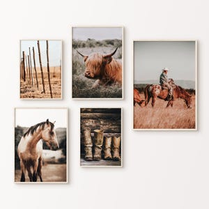 Printable Western 5 Pieces Wall Art, Country Farmhouse Set of 5 Prints, Highland Cow Large Photography,, Western Gallery Set, Horse Poster