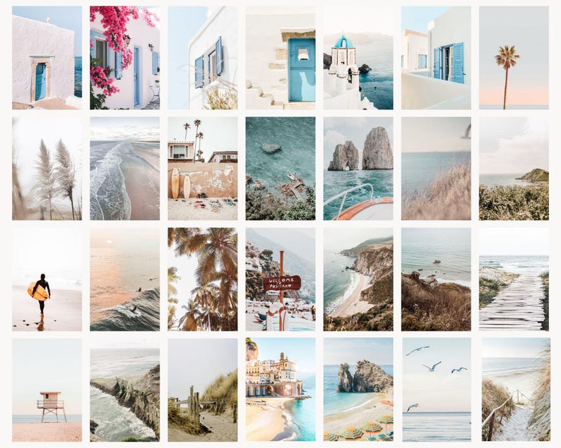 Pacchetto di stampe costiere, stampe artistiche da parete in stile boho per la spiaggia, set di fotografie dell'oceano, decorazioni estive per cottage sulla spiaggia, poster mediterraneo dai colori pastello immagine 4