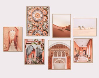 Boho woestijn galerij muur set van 7 digitale prints, islamitische grote muur kunst set, Oosterse mozaïek ornament fotografie, Boho woestijn kunst aan de muur