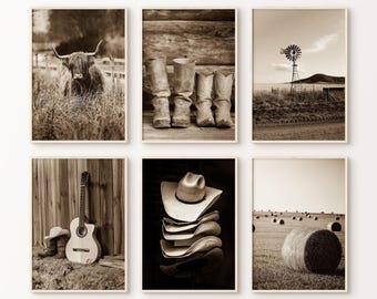 Highland Cow Gallery Wall Set, Southwest Set of 6 Prints, Rustic Western Wall Art, Printable Farmhouse Photography Decor, Cowboy Hat Poster