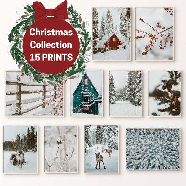 15 fotografie stampabili a tema invernale, set da parete per gallerie di paesaggi innevati, collezione invernale 15 pezzi di arte da parete, decorazioni per le vacanze di Natale