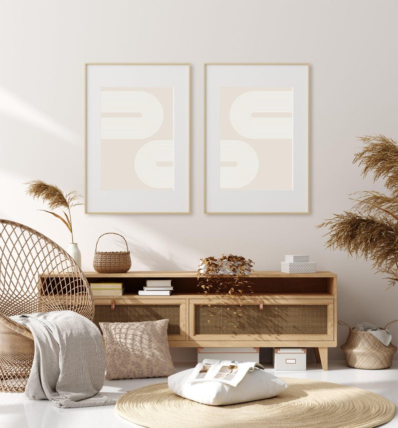 Set of 2 Neutral Boho Prints, Printable Mid-Century Modern 2 Pieces Wall Art, Beige Wall Prints, Abstract Boho Wall Decor, Digital Download image 7