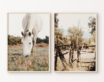 Pays français imprimable ensemble de 2 tirages, campagne 2 pièces grand Art mural, décor de ferme rustique, photographie de cheval, ferme Wall Art