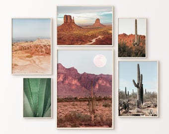 Set di 6 stampe di paesaggi desertici, grande arte murale del sud-ovest, 6 pezzi, stampa digitale di cactus Saguaro.