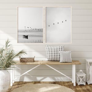 Druckbares Set aus 2 schwarzweißen Seebildern, Vogelschwarm Druck, Küstenlandschaft, Vogelschwarm Fotografie Bild 8