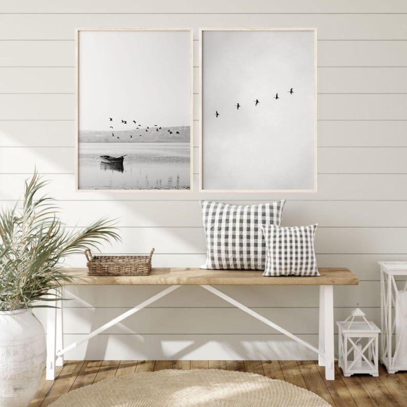 Druckbares Set aus 2 schwarzweißen Seebildern, Vogelschwarm Druck, Küstenlandschaft, Vogelschwarm Fotografie Bild 8