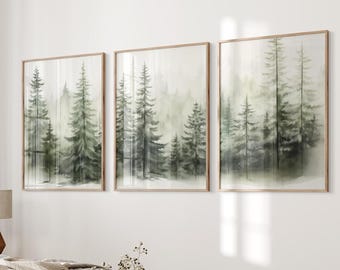 Mountain Wall Art, Forest Landscape Set of 3 Prints, Printable Abstract Modern Wall Decor, Watercolor Nature 3 Pieces Wall Art