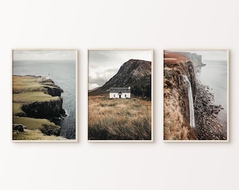 Printable Scotland Set of 3 Prints, Foggy Nature Photography, Nordic Landscape 3 Pieces Wall Art, Scotland Cliff Prints, Coastal Wall art