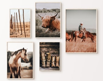 Printable Western 5 Pieces Wall Art, Country Farmhouse Set of 5 Prints, Highland Cow Large Photography,, Western Gallery Set, Horse Poster