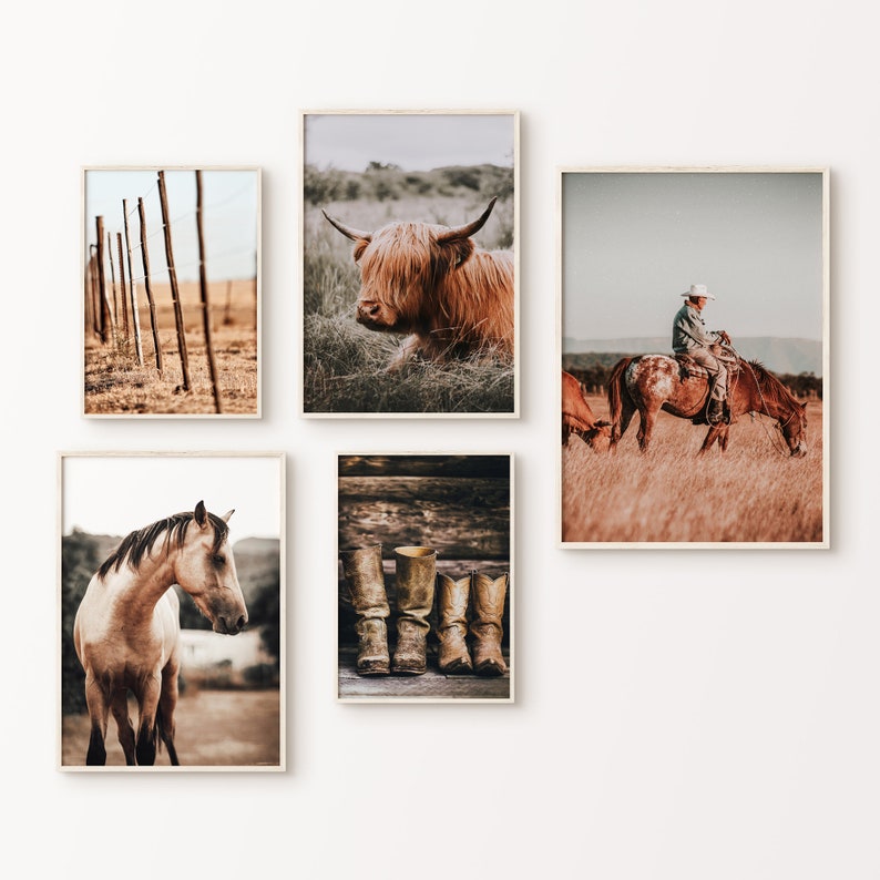 Stampabile Western 5 pezzi Wall Art, Country Farmhouse Set di 5 stampe, Highland Cow Large Photography,, Western Gallery Set, Horse Poster immagine 1